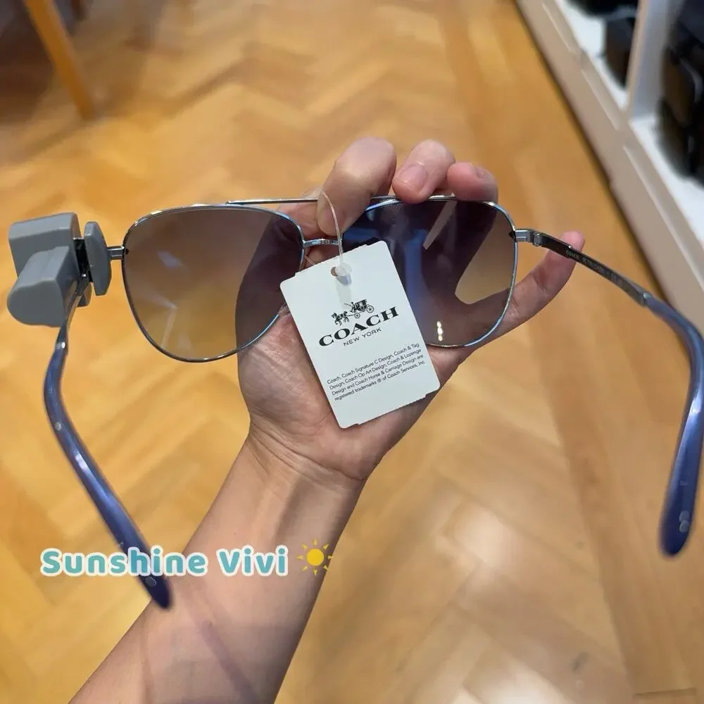 NWT Coach C Hardware Metal Pilot Sunglasses Silver Blue CAE96